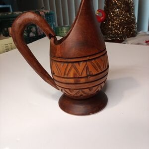 Vintage Artisan Carved Wooden Vase Or Pitcher
